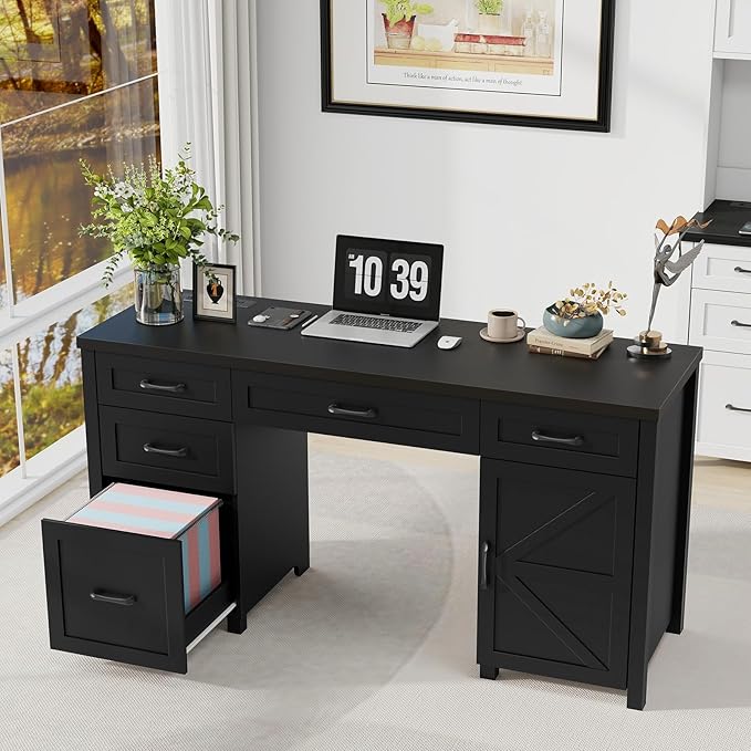 Farmhouse 61'' Executive Desk with 5 Drawers, Rustic Office Desk Computer Desk with Charging Station, File Drawers and Storage Cabinet, Wood Workstation for Study and Home Office,(Pure Black.)