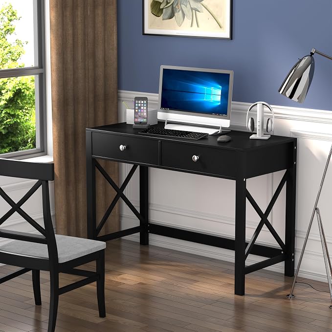 WiberWi Home Office Desk with Drawers, Modern Writing Computer Desk for Bedroom, Small Makeup Vanity Table Study Table for Home Office,Black