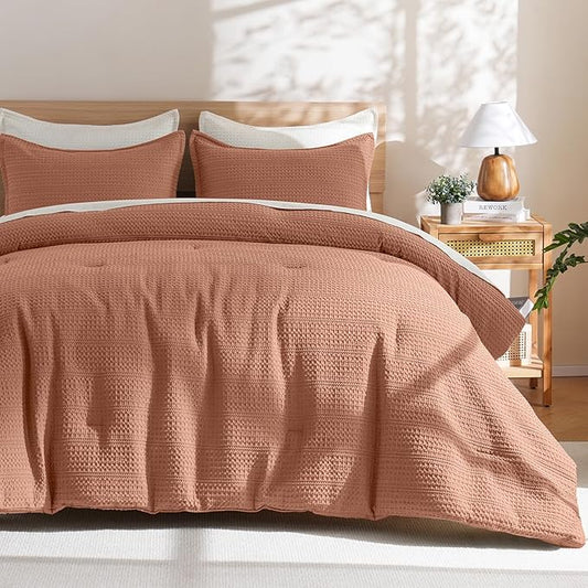 PHF Soft Waffle Comforter Set King Size- Comfy Breathable Waffle Weave Comforter with 2 Pillow Shams, 3 Pieces Less Snagging Lightweight Textured Bedding Set for All Season, Terracotta