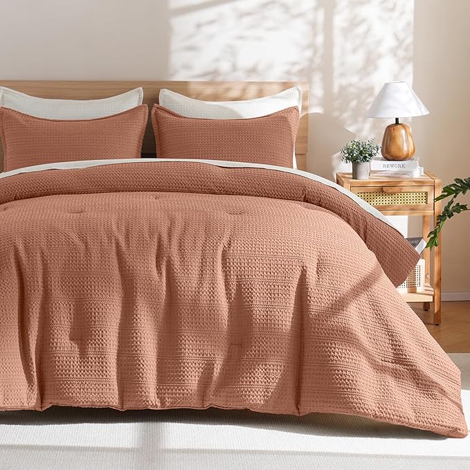 PHF Soft Waffle Comforter Set Queen Size- Comfy Breathable Waffle Weave Comforter with 2 Pillow Shams, 3 Pieces Less Snagging Lightweight Textured Bedding Set for All Season, Terracotta