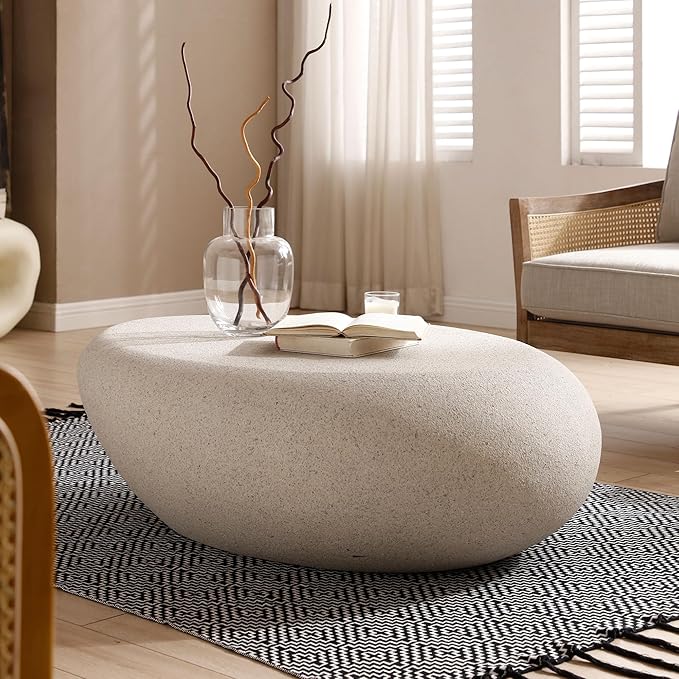 Coffee Table, 43.31" Fiberglass Matte Rocks Table Irregular Stone Center Table for Living Room Apartment, No Assembly, Cream White