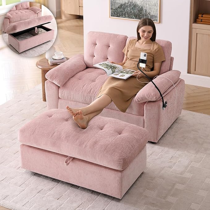 Oversized Chaise Lounge Chair Indoor, Double Convertible Recliner Reading Arm Sofa Chair W/Adjustable Backrest & Charging Port Couch Bed for Living Room, Home Theater & Bedroom, Pink