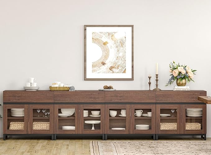 WAMPAT 4 in 1 Multifunctional Sideboard Buffet Cabinets with 8 Glass Doors and 4 Drawers, Modern Sideboard Credenza with Metal Base, Coffee Bar Storage Cabinet for Living Room, Kitchen, Brown