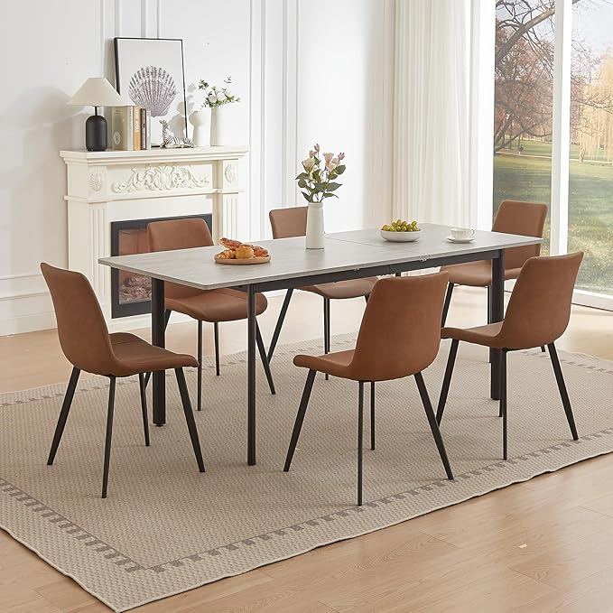 63"- 78.7" Extendable Dining Table with 6 Brown Dining Chairs, Modern Kitchen Table Set for 6, Thickened Expandable MDF Wooden Table with Metal Legs for Dining Room, Kitchen, Home