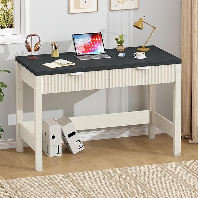 YOMILUVE Fluted Computer Desk with 2 Drawers, 39 Inch Small Computer Desk with Storage, Compact Writing Study Desk for Small Spaces, Black and White