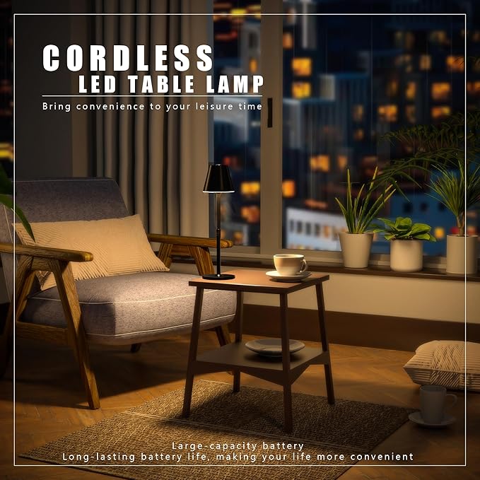 Modern LED Cordless Table Lamp, 4000mAh Rechargeable Battery, 3 Level Brightness Night Light, Metal Shell, Minimalist Design, for Couples Dinner/Coffee Table/Restaurant/Bedroom, Black