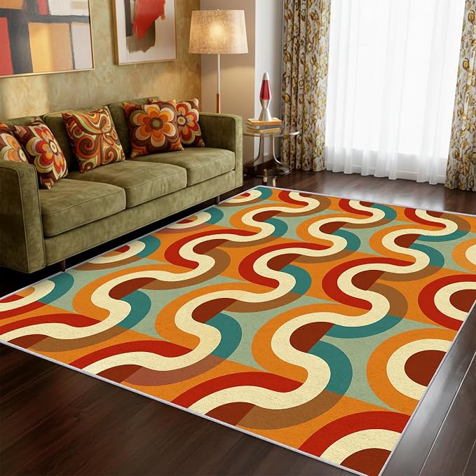 70s Retro Rug 3x5 Checkboard Striped Groovy Pop Pattern Area Rugs for Living Room, Bedroom, 70s Retro Home Decor Accessories Indoor Carpet, Non Slip & Machine Washable, GD0354