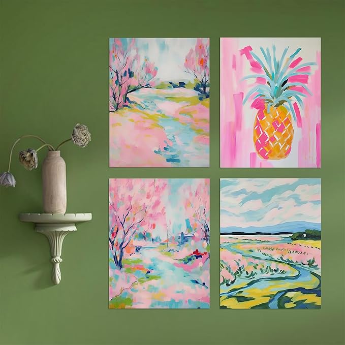 SIGNWIN Adhesive Canvas Poster Vibrant Landscape and Pineapple Colorful Preppy Room Decor Pink Decor Digital Art Modern Art Decorative Multicolor Scenic for Bedroom - 12"x16"x4