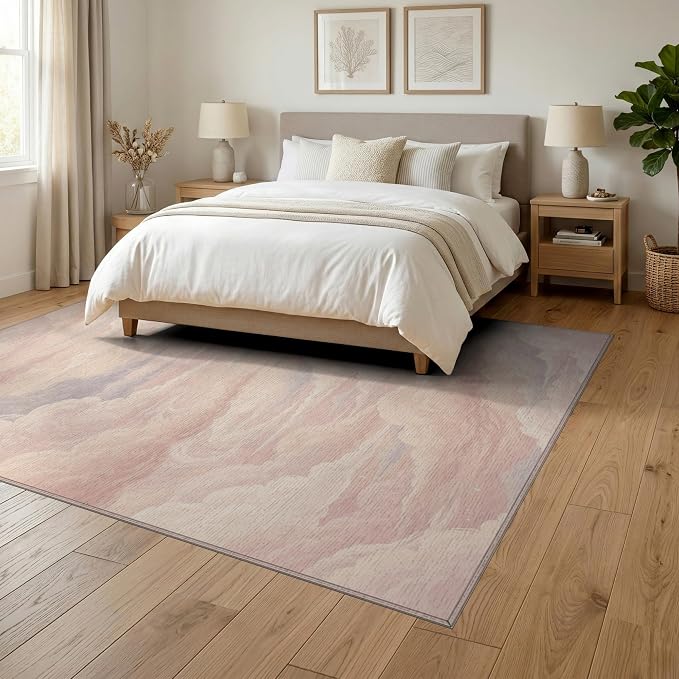 6'x9' Washable Aesthetic Swirl Area Rug, Pink Foldable Non-Slip Large Carpet for Queen Size Bedroom, Under Bed, Master Bedroom, Foldable Easy Care Carpet| Ref:2208256