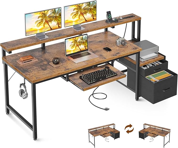 AODK Computer Desk with Drawers and Keyboard Tray, 63" Office Desk with Power Outlet, Reversible Study Work Desk with Printer Shelf and PC Stand for Home Office, Vintage