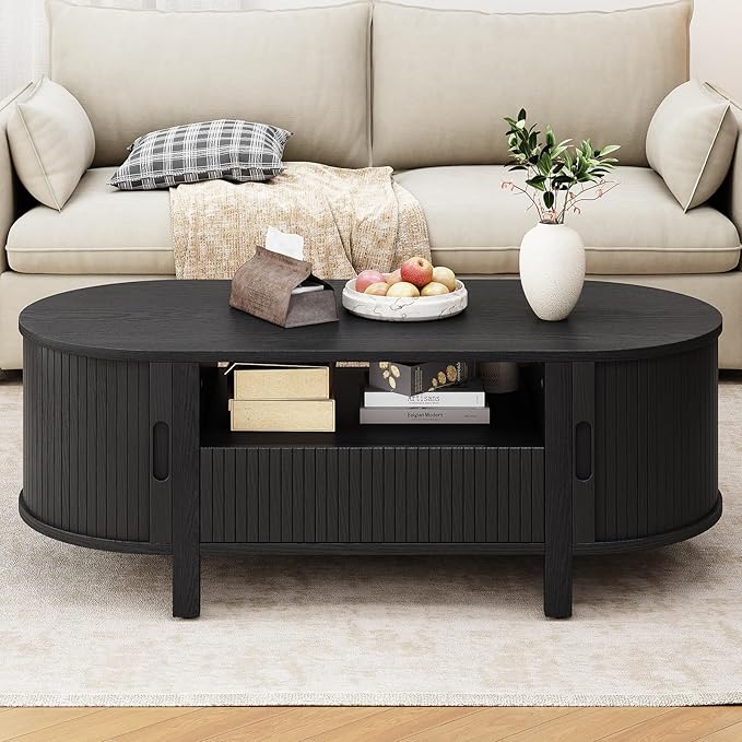 ONBRILL 47.2 Inch Oval Coffee Table with Storage, Mid Century Modern Coffee Table with Drawer, Center Table with Sliding Door and Wood Fluted Handle for Living Room, Black