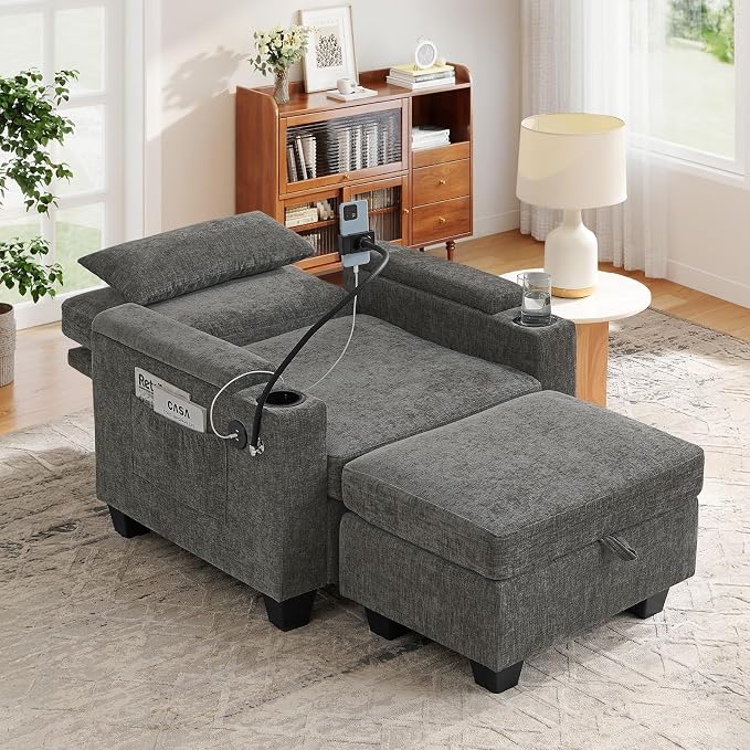 Small Chaise Lounge Chair Indoor with Ottoman&Adjustable Backrest,Chenille Tufted Recliner Comfy Sofa Chair with USB,Phone Holder&Storage Arms,Convertible Sleeper Couch Bed for Living Room(37"W,Grey)