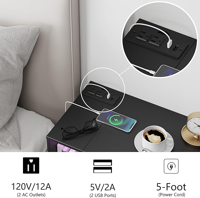 Black Floating Nightstand with Charging Station and LED Lights,Black