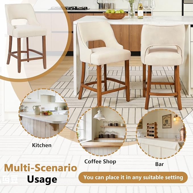 ClinQ Bar Stools Set of 4, 26" H Counter Height Bar Stools with Backs, Modern Upholstered Accent Barstools with Curved Footrest for Kitchen Island, Dining Room and Bar, Beige-Walnut Legs
