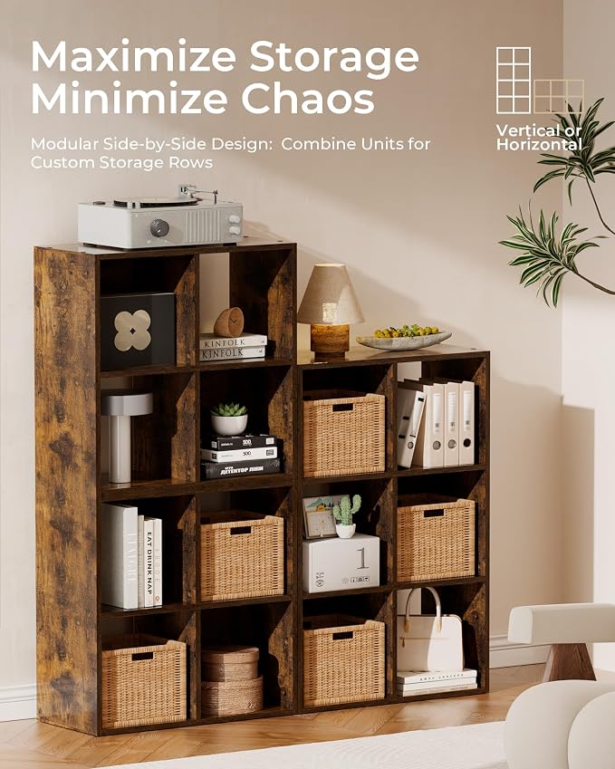 GTPLAYER 9-Cube Storage Organizer, Fits 11" Bins, Vertical or Horizontal Use, Opening Bookshelf, Partial Back Panels, Stackable Design Bookcase, for Living Room, Media Console, Hallway, Rustic Brown