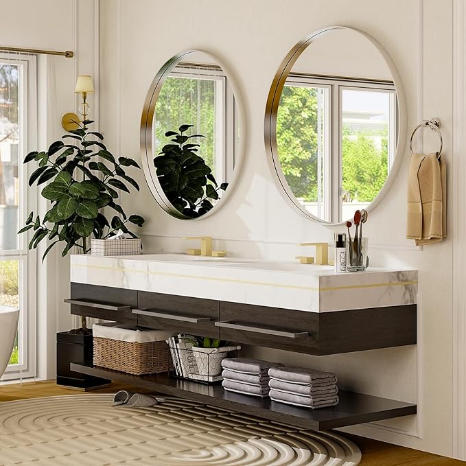 32 Inch Round Bathroom Mirror - Wall Mounted Circle Mirror with Metal Frame, Modern Style Suitable for Bathroom, Vanity, Entryway, Living Room, Wall Decor,Silver