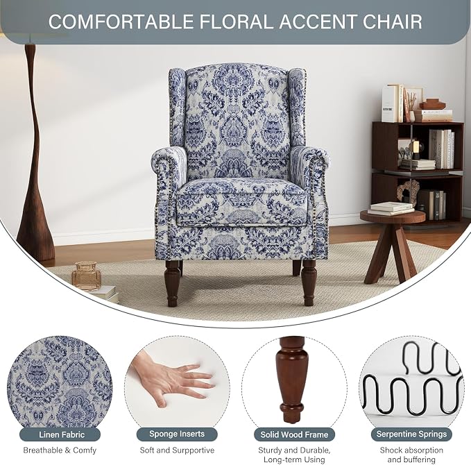 High Back Accent Chair, Fabric Upholstered Armchair for Living Room, Floral Wingback Chair with Retro Solid Wood Legs, Nailhead Trim Single Sofa Bedroom Reading Seat - Navy Blue
