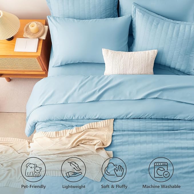 CozyLux Queen Comforter Set Sky Blue, 7 Pieces Seersucker Textured Luxury Bed in a Bag Queen, All Seasons Soft Bedding Sets with Down Alternative Comforter, Sheets, Pillowcases & Shams, Home Gift