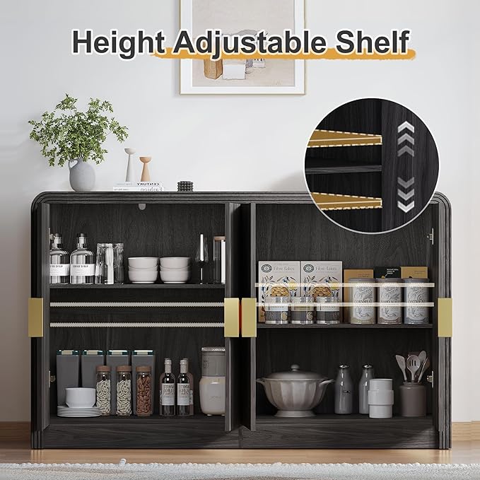 Decofy 55" Buffet Sideboard Cabinet, Modern Mid Century Console Cabinet with Adjustable Shelves & Wavy Grain Doors for Kitchen Cabinets, Living Room, Entryway, Coffee Bar Cabinet (Black Walnut)