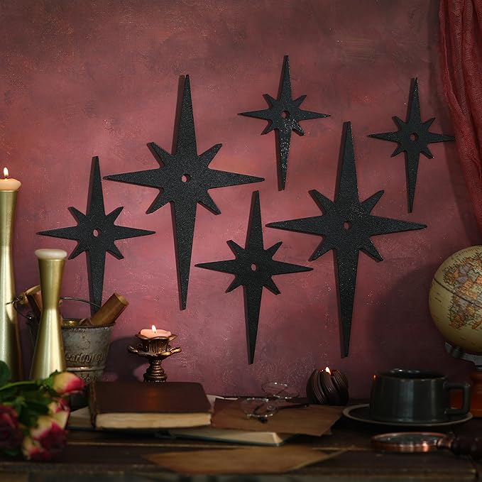 Yalikop 6 Pcs Mid Century Modern Starburst Wall Art Decor 8 Pointed Hangings Wooden Stars Whimsigoth Modern Retro Midcentury Wall Art for Home Bedroom Bathroom Office(Black)
