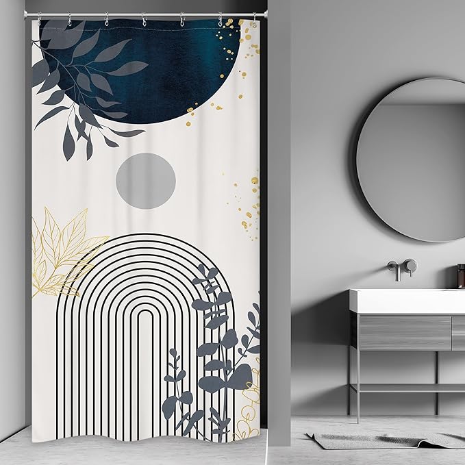 Riyidecor Small Stall Navy Blue Boho Mid Century Shower Curtain for Bathroom Decor 36Wx72H Modern Abstract Gold Leaves Minimalist Geometric Art Printed Fabric Polyester Waterproof 7 Pack Plastic Hooks