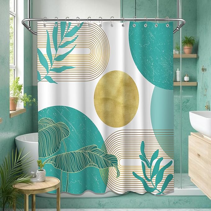Teal Blue and Gold Shower Curtain Turquoise Aqua and White Shower Curtains for Bathroom Decor Boho Mid Century Bath Curtain Set, Waterproof Fabric with Hooks 70 x 72 Inch