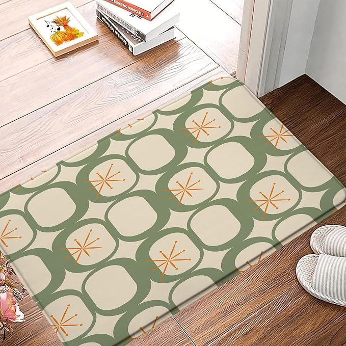 Mid Century Modern Bath Mat Abstract Atomic Geometric Retro 1950s Sage Green Bathroom Kitchen Toilet Rugs,24x71 Inch