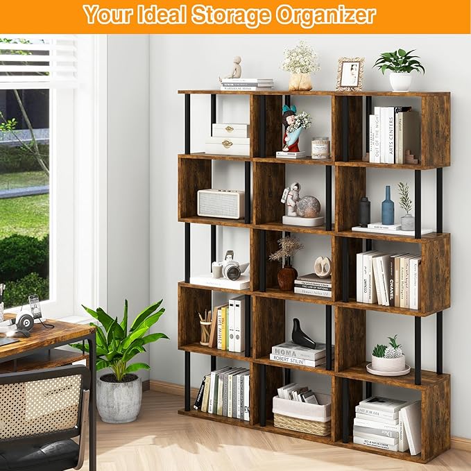 IBUYKE 6-Tier Tall Bookshelf,S-Shaped Geometric Bookcase, Wood Display Shelves with Storage,Industrial Bookshelf for Living Room Bedroom, Home Office, Rustic Brown WBC016H
