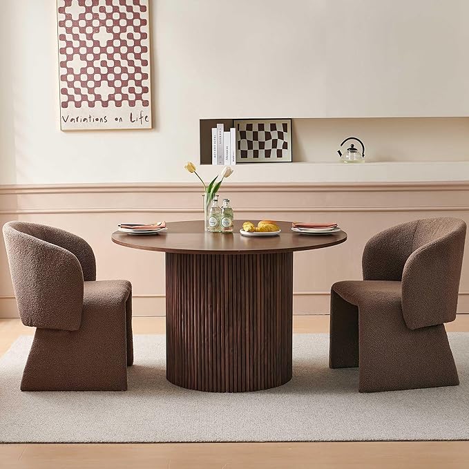 NORDICANA 3-Piece Round Dining Table Set for 2, Rustic 47-Inch Kitchen Table and Chair Set, Dining Set with Brown Upholstered Armchairs, Manufactured Wood Top with Walnut Veneer