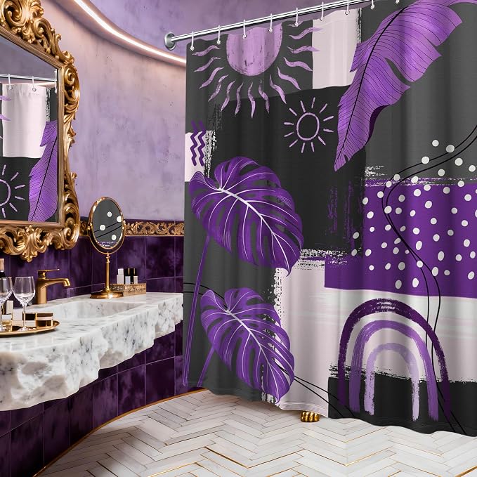 Purple and Gray Mid Century Modern Shower Curtain Bohemian Abstract Dark Purple and Grey Shower Curtains for Bathroom Decor Sets, Waterproof Cloth Fabric with Hooks, 70x72 Inch