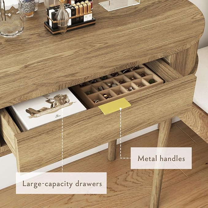 SoarFlash 39 Inch Small Computer Desk with Drawer, Mid-Century Modern Writing Desk with Solid Wood Legs - Compact Home Office Desk & Makeup Vanity for Small Space, Bedroom Study Table in Brown