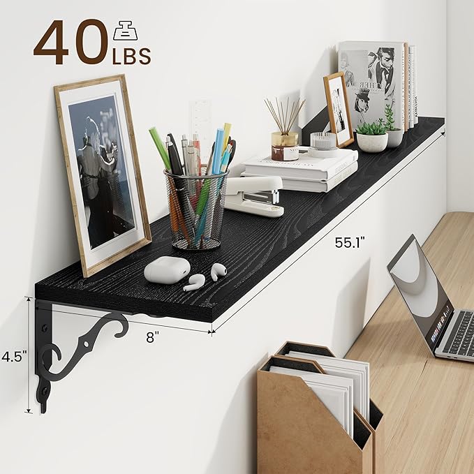 RICHFOCUS Floating Shelves for Wall Decor, 55.1W x 8D Shelves Set of 2, 8 Inch Deep Rustic Wood Shelves Wall Mounted with Brackets, Long Floating Shelves for Living Room Bedroom Kitchen, Black