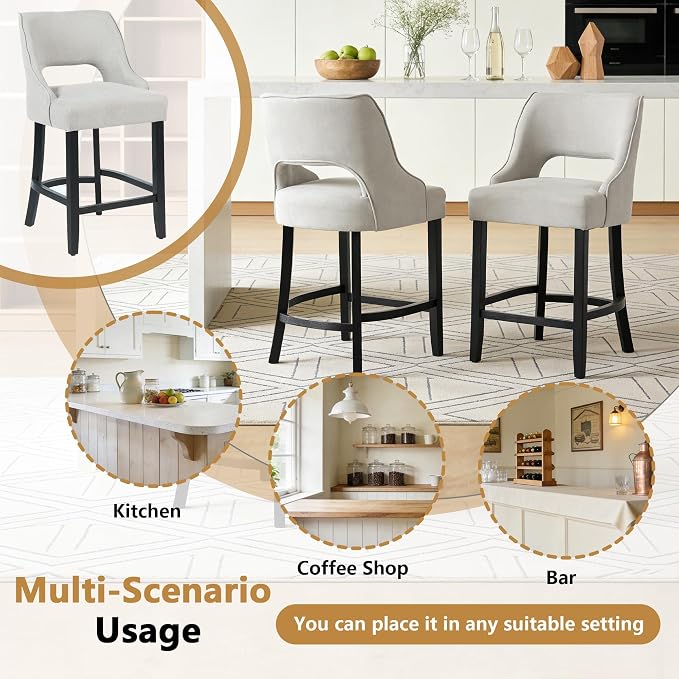 ClinQ Bar Stools Set of 2, 26" H Counter Height Bar Stools with Backs, Modern Upholstered Accent Barstools with Curved Footrest for Kitchen Island, Dining Room and Bar, Grey-Black Legs