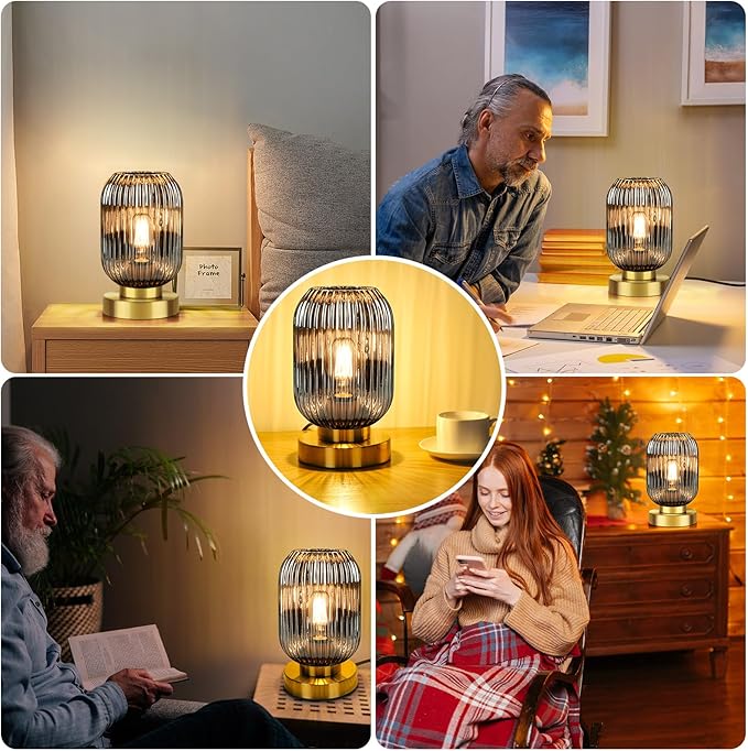Mid Century Modern Table Lamp with Smoke Grey Ribbed Glass Shade, Touch Control & 3 Way Dimmable, Small Gold, Vintage Bedside Lamp for Bedroom, Living Room, Office (Bulb Included)