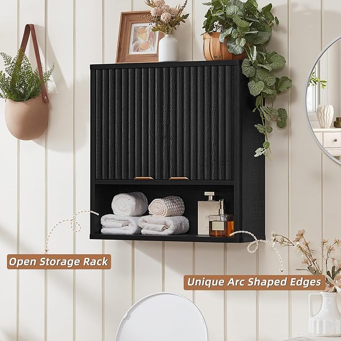 LEYAOYAO Fluted Bathroom Wall Cabinet, Wall-Mounted Medicine Cabinet with Adjustable Shelf & Doors, Farmhouse Floating Over The Toilet Storage Cabinets for Laundry Room, Kitchen, Living Room (Black)