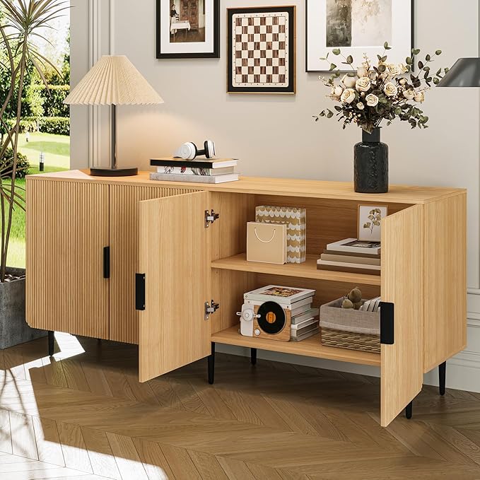 65" Fluted Sideboard Buffet Cabinet with Storage, Console Cabinet with 4 Doors & Adjustable Shelves, Modern Buffet Table for Kitchen Dining Living Room Hallway‌ Entryway, Natural