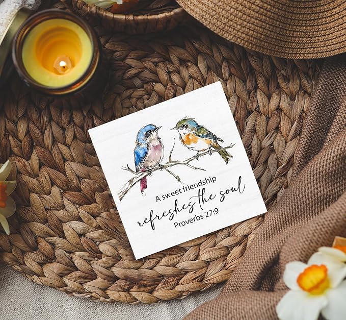 Christian Friendship Gifts for Women, a Sweet Friendship Refreshes the Soul Bird Wooden Box Signs, Best Friend Bestie BFF Gifts, Bible Verse Wood Sign Home Decor for Desk Table Shelf 5x5 Inch
