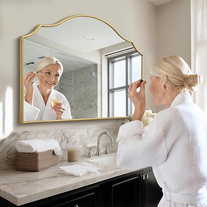 Besdomus Gold Scalloped Wall Mirror: 40"x29" Large Modern Minimalist Bathroom Mirror - Decorative Vanity Arched for Dresser/Entryway/Fireplace/Mantle/Living Room - Home Decor for Housewife