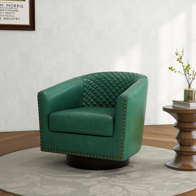 Swivel Barrel Accent Chair, Comfy Modern Upholstered Round Faux Leather Arm Chair for Living Room, Bedroom（Green, Set of 2