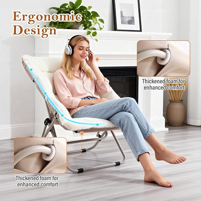 Furlide Saucer Chair, Comfy Bedroom Chairs, Oversized Folding Faux Fur Chair, Foldable Metal Frame Chair for Living Room, Balcony, Patio, Study, Playroom (Beige)