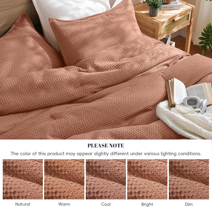 PHF Soft Waffle Comforter Set King Size- Comfy Breathable Waffle Weave Comforter with 2 Pillow Shams, 3 Pieces Less Snagging Lightweight Textured Bedding Set for All Season, Terracotta
