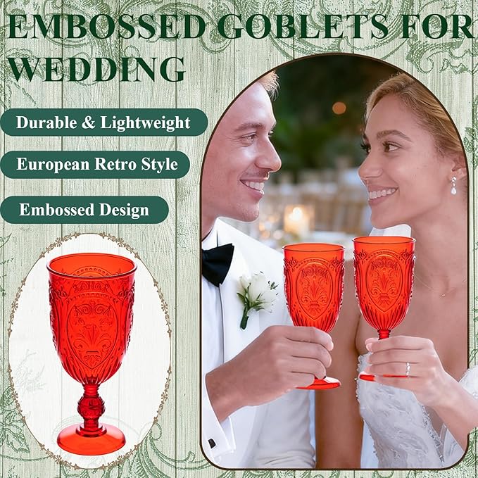 JLYLOL Plastic Wine Glasses 24Pcs Plastic Goblets 7.5oz Colored Retro Embossed Glassware Vintage Stemmed Drinking Cup Reusable Water Goblets for Wedding Reception Grand Event Party Bar,Whiskey (Red)