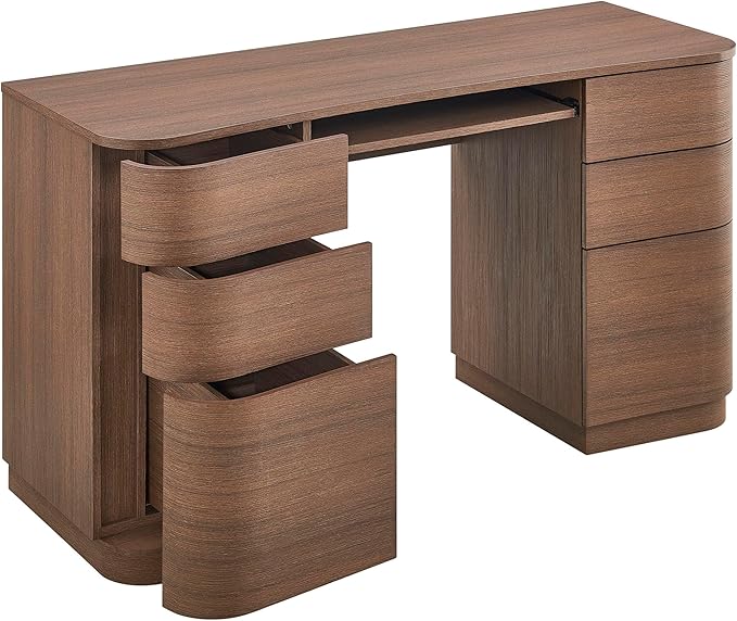 Modway Mirae 55 Inch Computer Desk with Drawers in Brushed Brown Oak – Modern Compact Office Desk with Keyboard Tray, Curved Edges, and 6 Storage Drawers for Bedroom, Dorm Room, or Vanity Setup