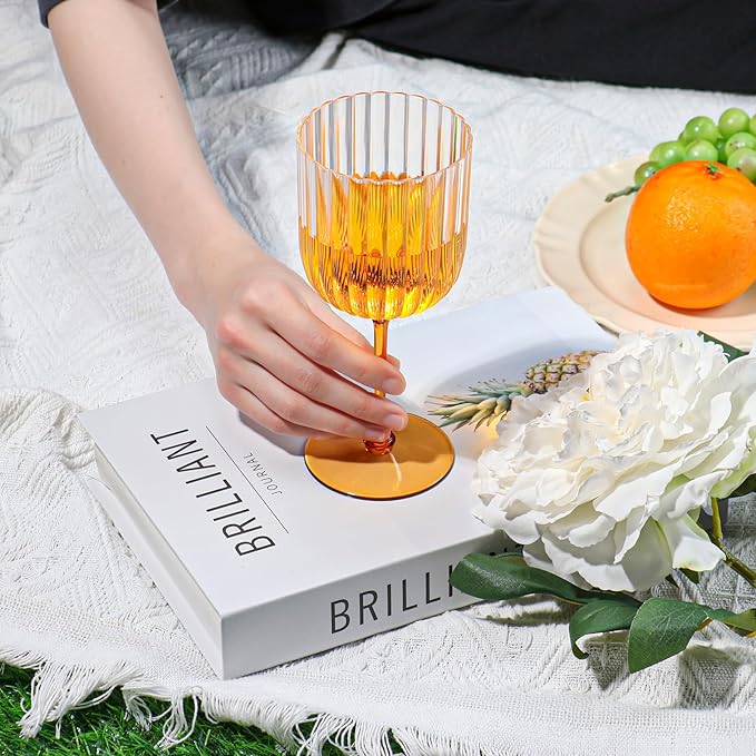 48 PCS Plastic Ribbed Wine Glasses 11oz Clear and Amber Detachable Wine Goblet Unbreakable Vintage Ripple Water Goblets Cocktail Drinking Cups for Parties Weddings Poolside Outdoors
