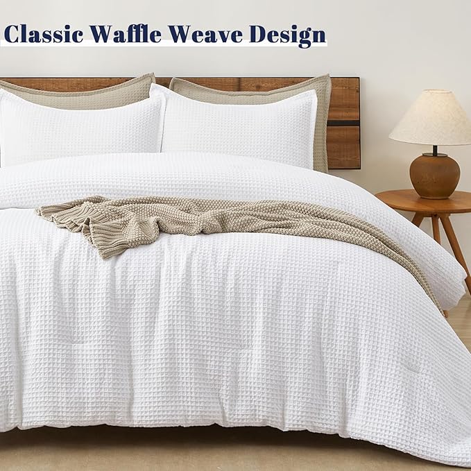 PHF Ultra Soft Waffle Weave Comforter Set Queen Size, 3 Pieces Lightweight Breathable Comfy Bedding Set, Comfy Textured 1 Comforter with 2 Pillow Shams, White