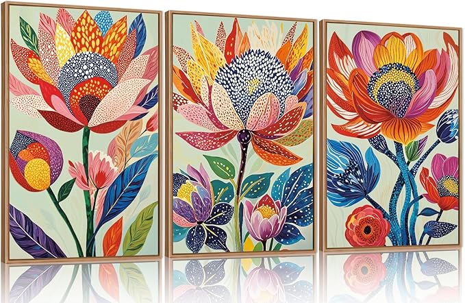 HPINUB Abstract Botanical Floral Framed Canvas Wall Art Set,Colorful Dot Art Modern Flower Wall Decor,Vibrant Blooming Flowers Artwork Eye-Catching Boho Art Print for Living Room,Bedroom-24"x36"x3