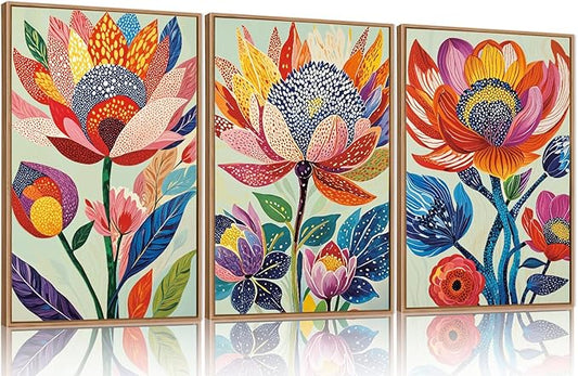 HPINUB Abstract Botanical Floral Framed Canvas Wall Art Set,Colorful Dot Art Modern Flower Wall Decor,Vibrant Blooming Flowers Artwork Eye-Catching Boho Art Print for Living Room,Bedroom-24"x36"x3