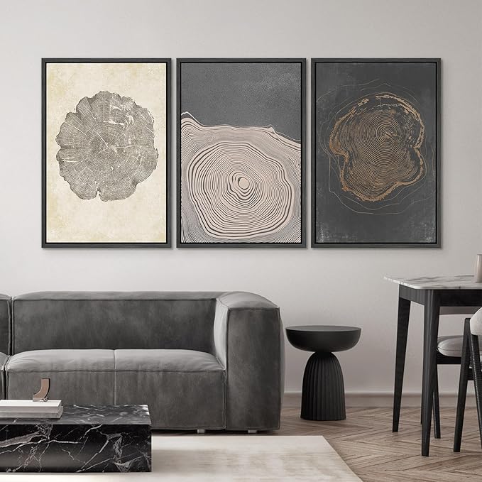 SIGNWIN Framed Canvas Print Wall Art Set Pastel Gray Wood Tree Ring Spirals Nature Abstract Drawings Modern Art Contemporary Minimal for Living Room, Bedroom, Office - 16"x24"x3 Black