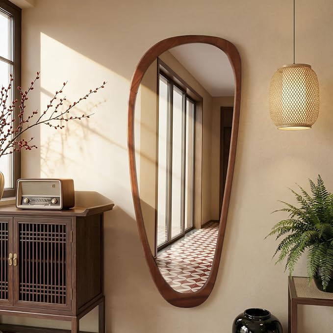 22‘’x48'' Asymmetrical Rustic Wall Mirror for Bathroom Wood Frame, Irregular Classic Mirror Farmhouse Vanity Wall Mirror, Mid Century Modern Mirror Decor Living Room, Bedroom, Entryway