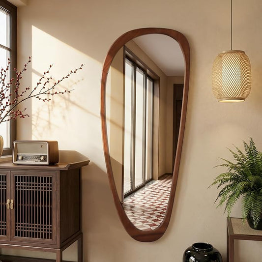 22‘’x48'' Asymmetrical Rustic Wall Mirror for Bathroom Wood Frame, Irregular Classic Mirror Farmhouse Vanity Wall Mirror, Mid Century Modern Mirror Decor Living Room, Bedroom, Entryway